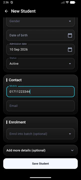 Adding a student and enrolling in a batch in one step.