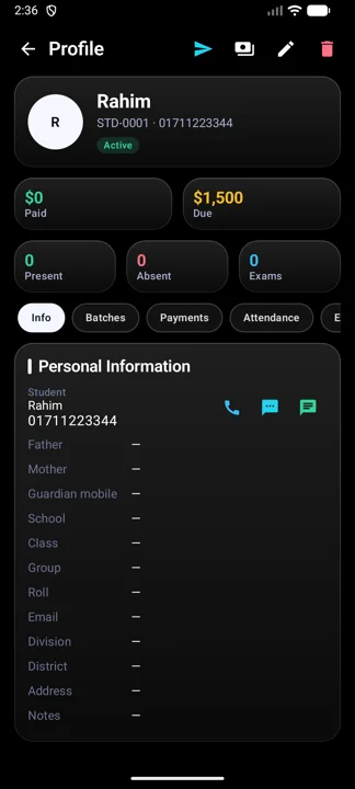 Profile header with Paid, Due and attendance, plus call, SMS and WhatsApp buttons.