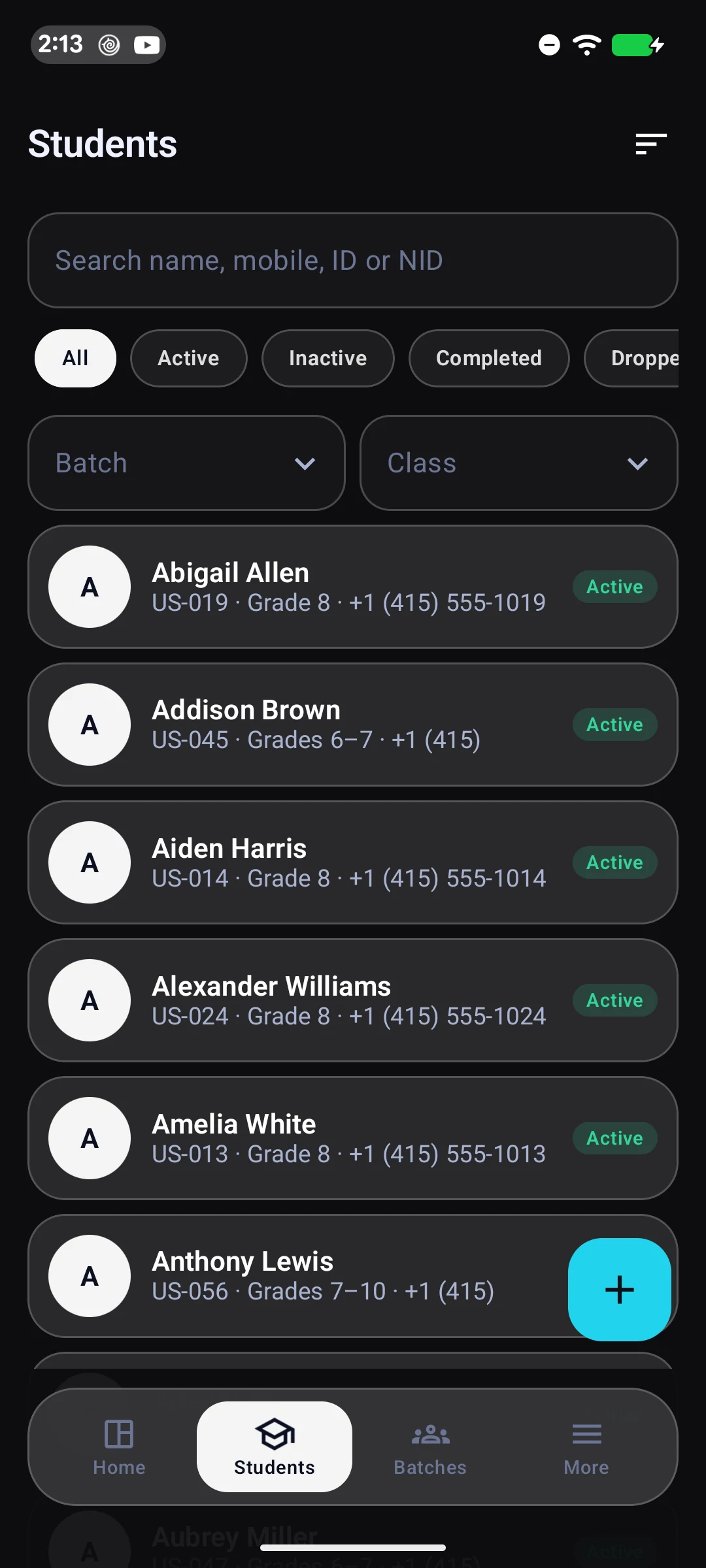 Students list with search, status, batch and class filters.