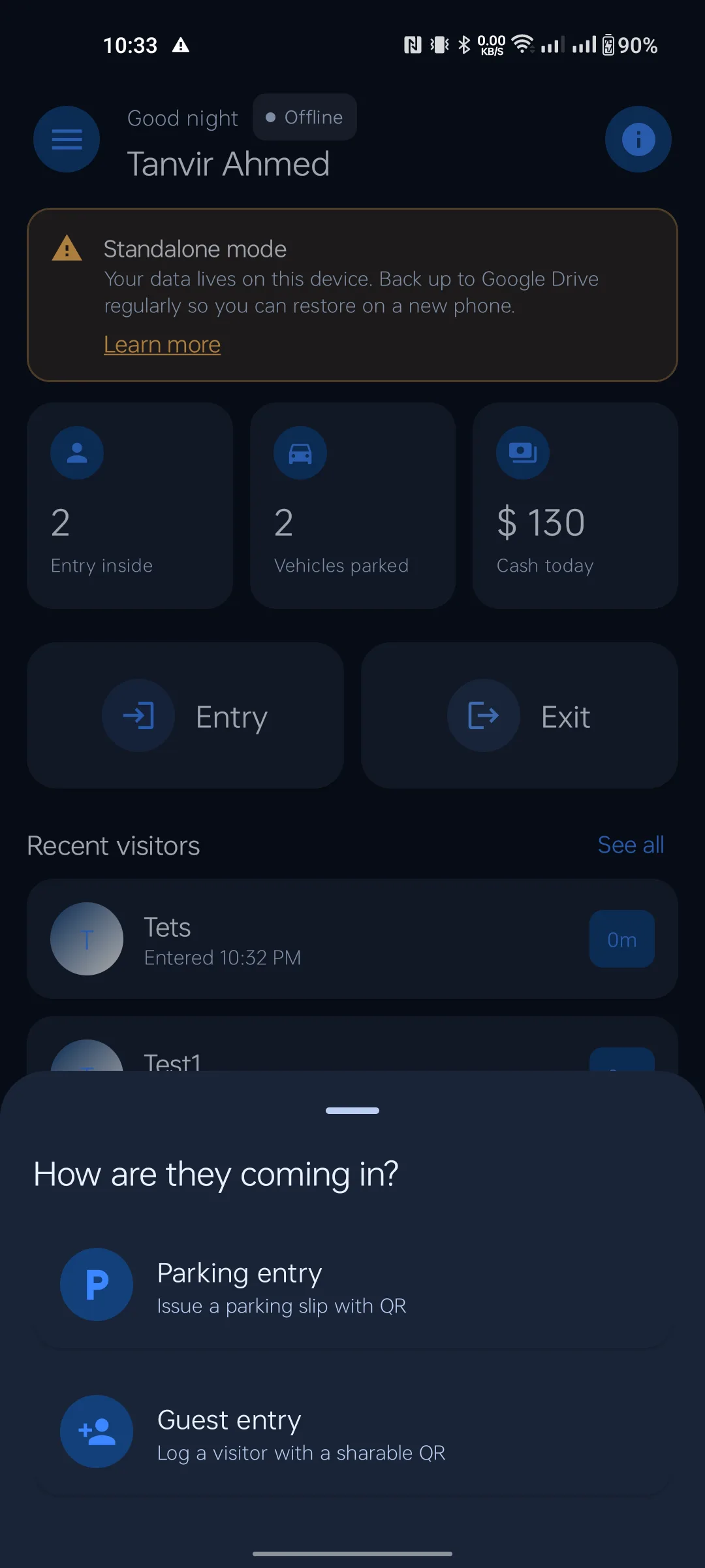 Visitor Desk Android app dashboard showing visitors inside, vehicles parked and cash today
